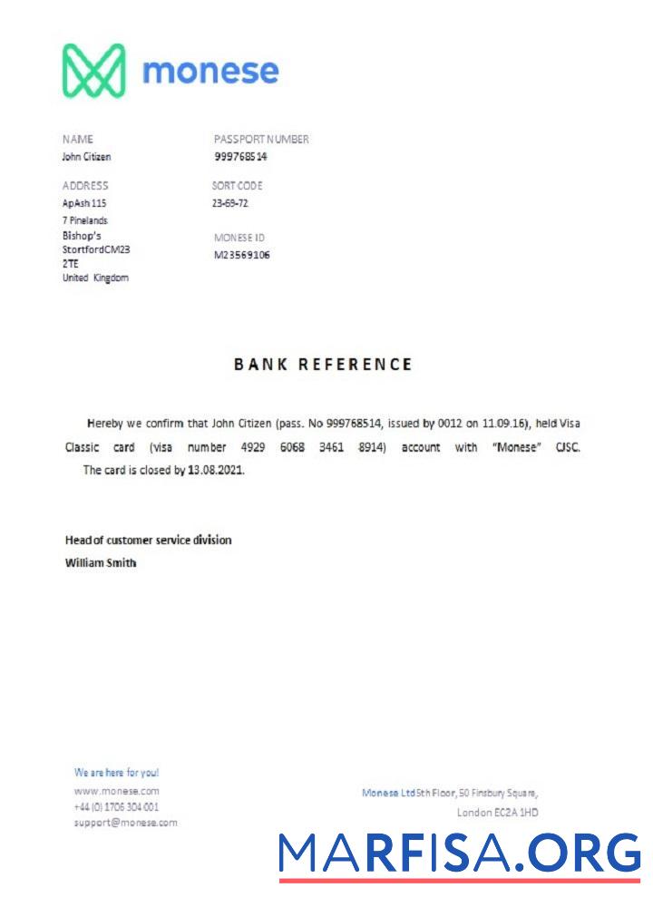 Blank United Kingdom Monese closure reference sample
